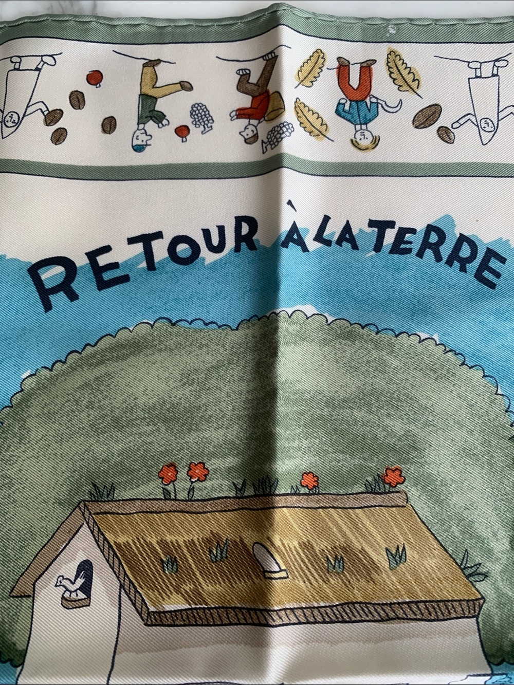 Hermès Multicolor 'Retour à la Terre' Silk Scarf with Green, Blue, Cream & Tan - Picture 7 of 14
